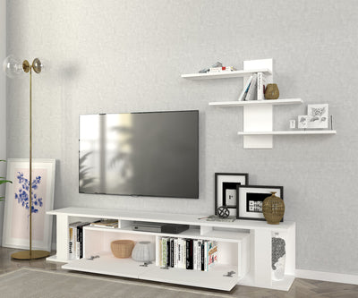 Composizione moderna con mobile tv e mensola colore bianco opaco cm 180x29x37h