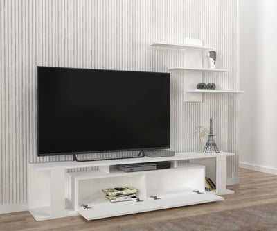 Composizione moderna con mobile tv e mensola colore bianco opaco cm 180x29x37h