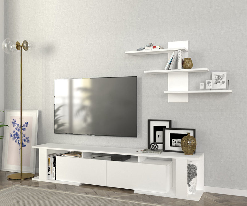 Composizione moderna con mobile tv e mensola colore bianco opaco cm 180x29x37h