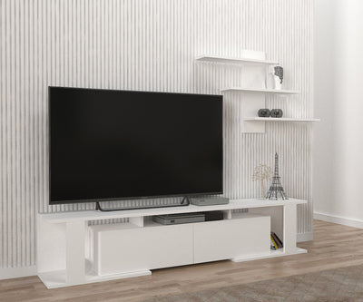 Composizione moderna con mobile tv e mensola colore bianco opaco cm 180x29x37h