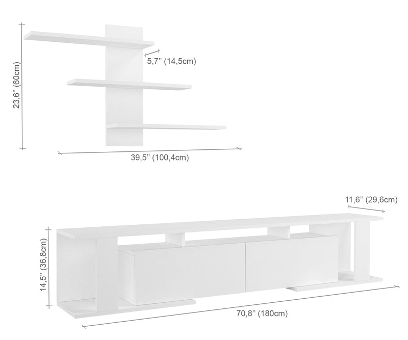 Composizione moderna con mobile tv e mensola colore bianco opaco cm 180x29x37h