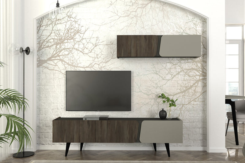 Mobile porta tv con pensile con anta colori wengè grigio e nero cm 180x37x51h