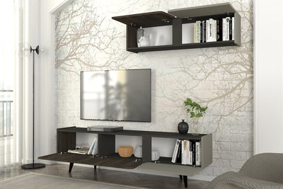 Mobile porta tv con pensile con anta colori wengè grigio e nero cm 180x37x51h