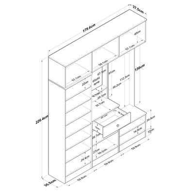 Composizione da ingresso con specchio e appendiabiti bianco e noce cm 180x38x226h