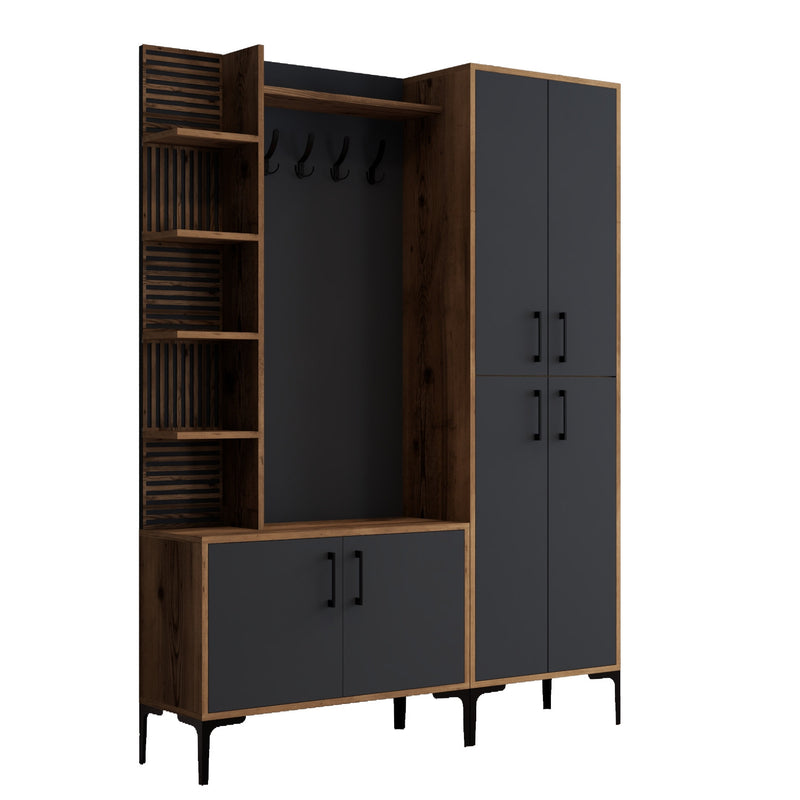 Set ingresso con armadio appendiabiti mobiletto e vani antracite e noce cm 150x35x200h