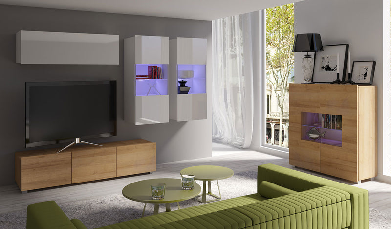 parete living con mobile tv vetrina da tertra pensile e vetrinette colore bianco e quercia