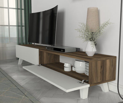 Composizione per zona living bianco e noce con mobile tv e mensole cm 180x31x33h