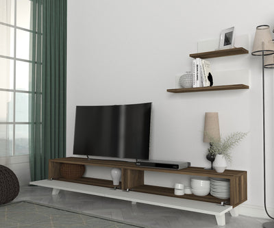 Composizione per zona living bianco e noce con mobile tv e mensole cm 180x31x33h