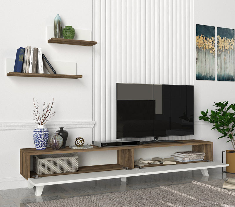 Composizione per zona living bianco e noce con mobile tv e mensole cm 180x31x33h