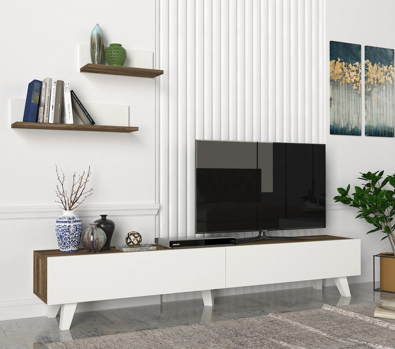 Composizione per zona living bianco e noce con mobile tv e mensole cm 180x31x33h