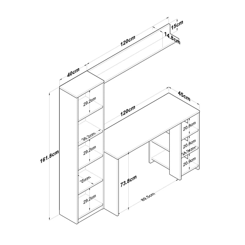 Composizione per studio con scrivania libreria e mensola naturale e antracite cm 160x45x162h