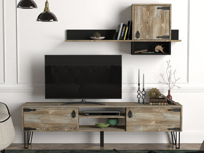 Set soggiorno parete stile industriale con mobile tv e mensola in legno e metallo
