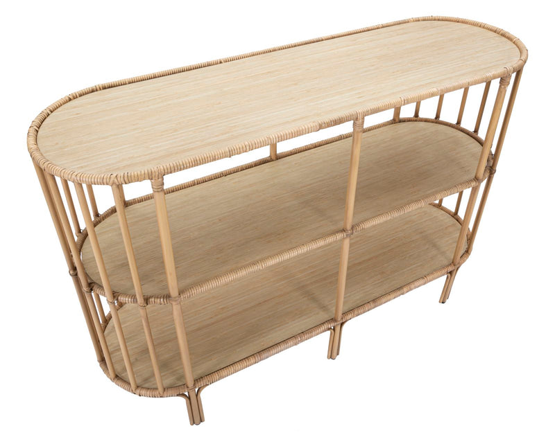 Consolle ovale con 3 ripiani per ingresso in legno e metallo effetto bambù cm 120x37x80h