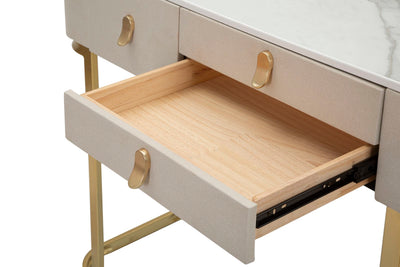 Consolle design 3 cassetti in legno e tessuto base in metallo dorato cm 100x40x80h
