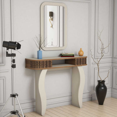 Set consolle design con specchio in legno colore crema e noce