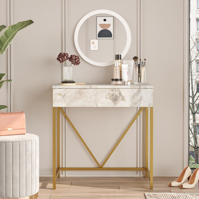 consolle moderna con specchio gambe in metallo dorato cassetto marmo bianco