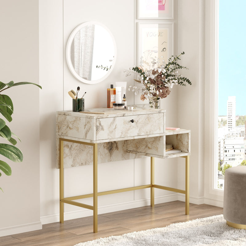 Consolle moderna con specchio toilette marmo bianco e oro cm 90x40x78h