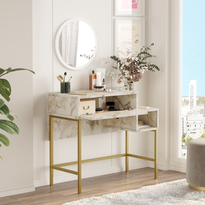 Consolle moderna con specchio toilette marmo bianco e oro cm 90x40x78h