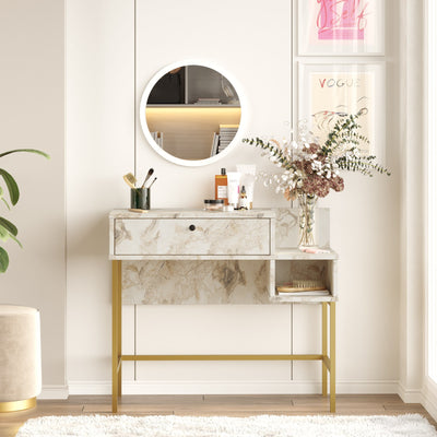 consolle da ingresso con specchio toilette da trucco in legno marmo bianco e gambe in metallo dorato