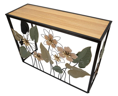 Consolle da ingresso in metallo lavorata con fiori piano in legno cm 108x36x80h