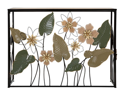 Consolle da ingresso in metallo lavorata con fiori piano in legno cm 108x36x80h