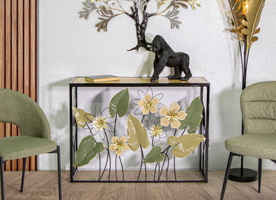 Consolle da ingresso in metallo lavorata con fiori piano in legno cm 108x36x80h