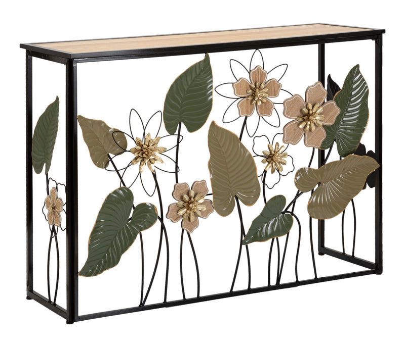 consolle design da ingresso in metallo con fiori e foglie lavorate in metallo e legno piano in legno