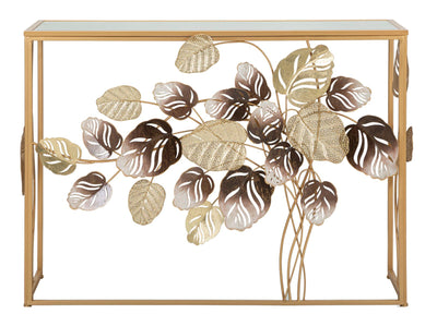 Consolle ingresso in metallo colore oro con foglie piano con specchio cm 108x36x80h