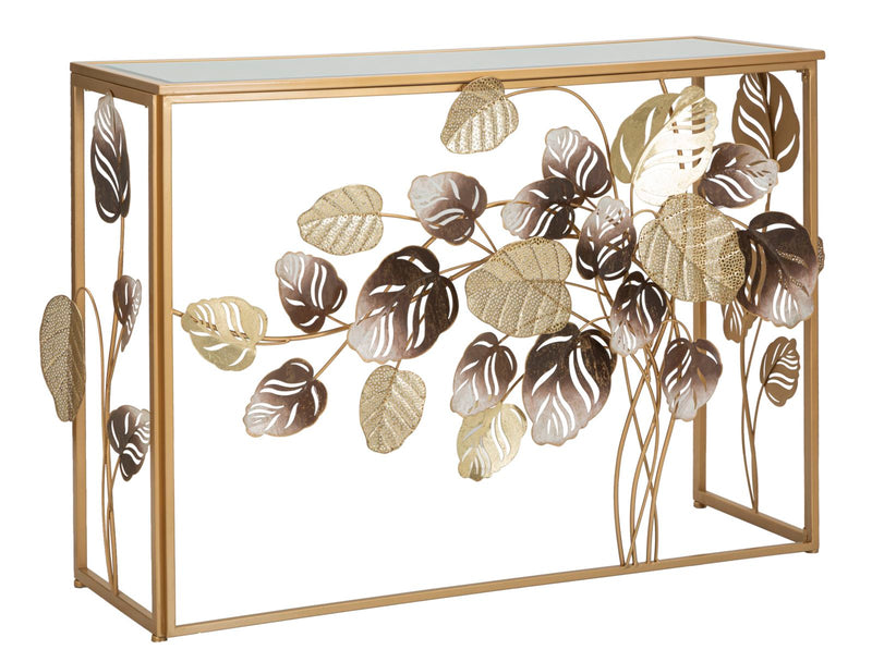 consolle design in metallo dorato decorata con composizione di foglie in metallo lavorato piano con specchio
