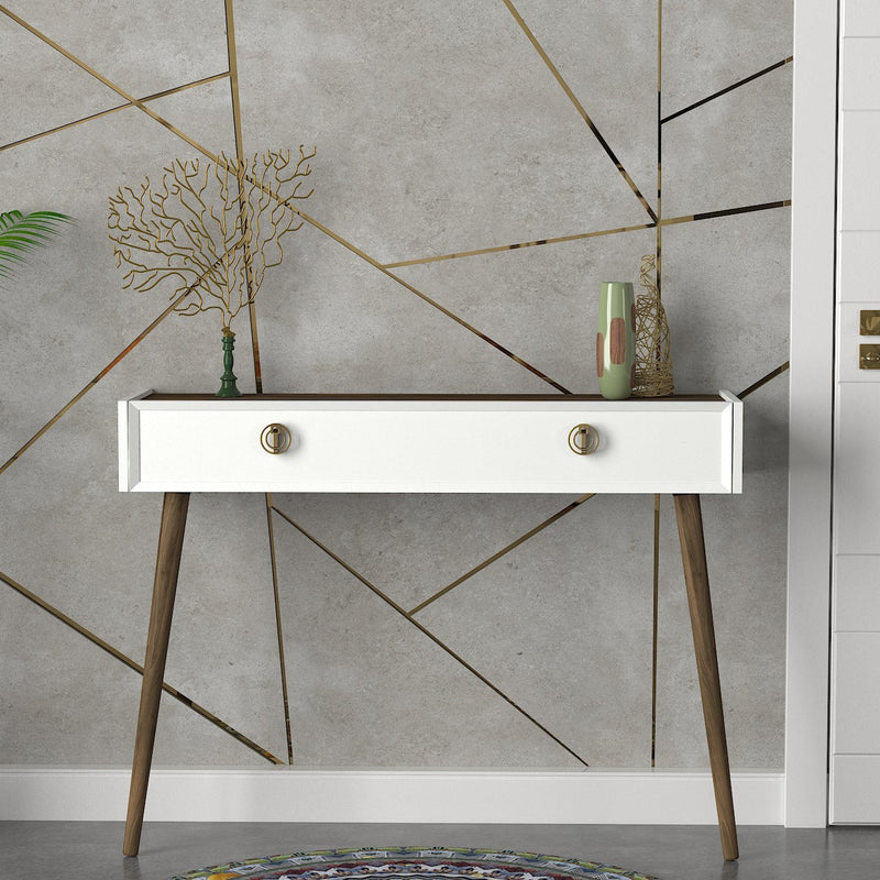 Consolle per ingresso in stile moderno ed elegante da appoggiare al muro, con ampio cassetto centrale diviso all&