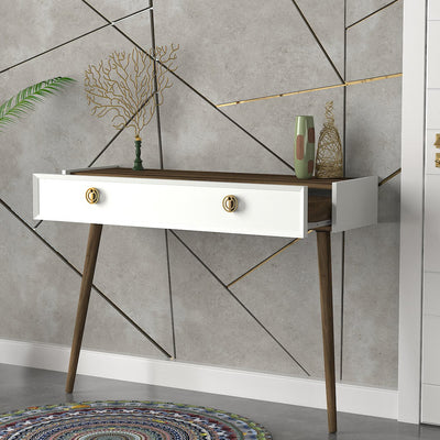 Consolle design con cassetto da muro per ingresso in legno con maniglie dorate cm 120x35x90h