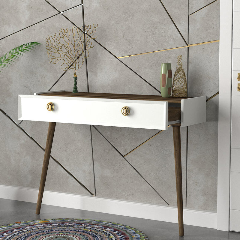 Consolle design con cassetto da muro per ingresso in legno con maniglie dorate cm 120x35x90h