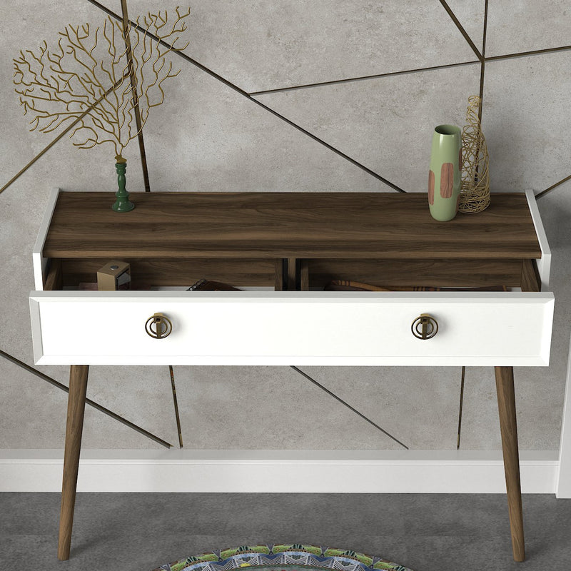 Consolle design con cassetto da muro per ingresso in legno con maniglie dorate cm 120x35x90h