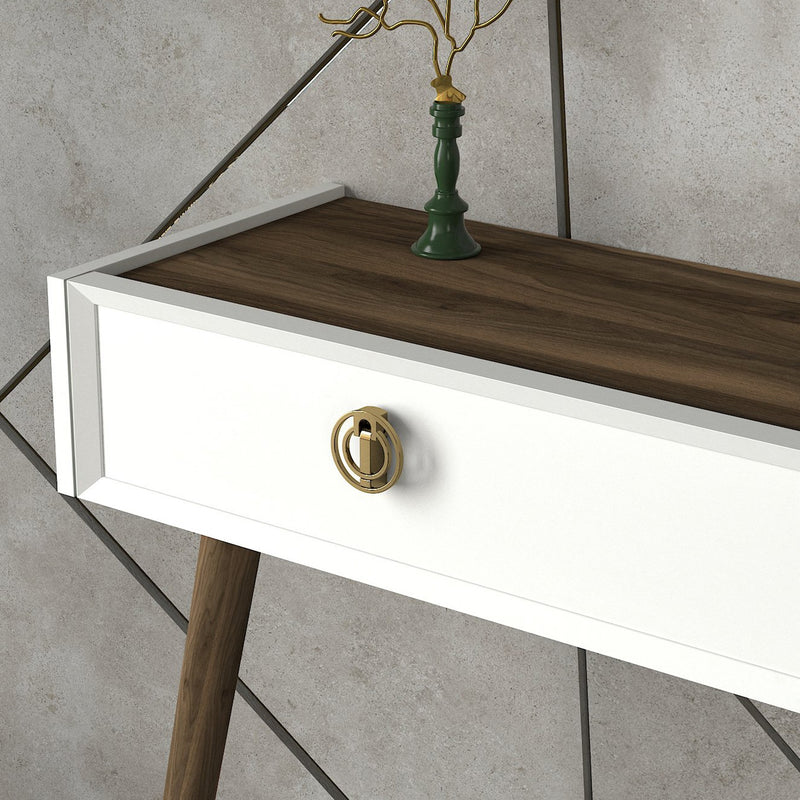 Consolle design con cassetto da muro per ingresso in legno con maniglie dorate cm 120x35x90h