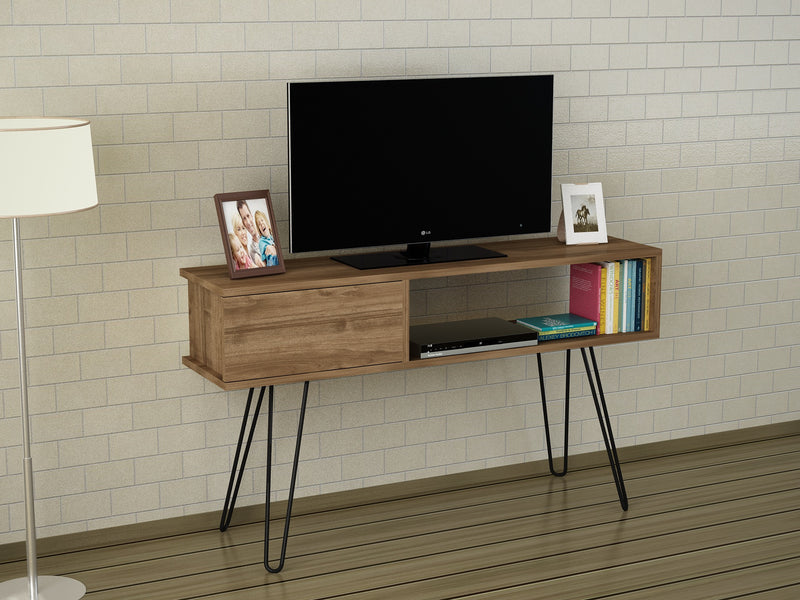 Consolle porta tv con vano e anta in legno colore noce gambe in metallo cm 120x30x68h