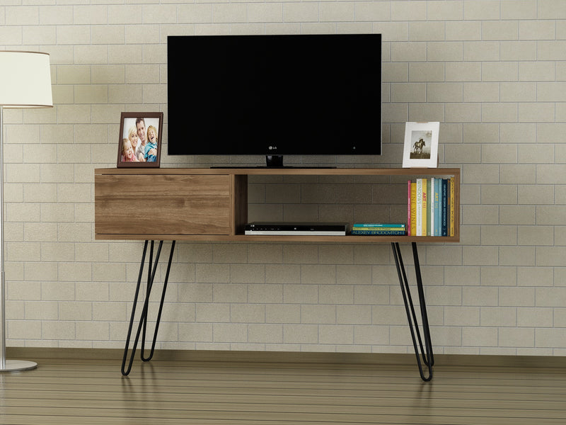 consolle da ingresso porta tv in legno colore noce con gambe in metallo nero