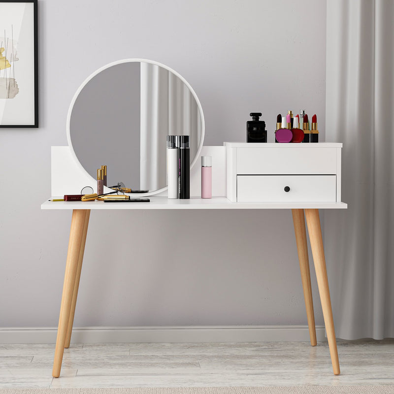 consolle toilette moderna per trucco in legno bianco con specchio cassetto e vani gambe colore naturale