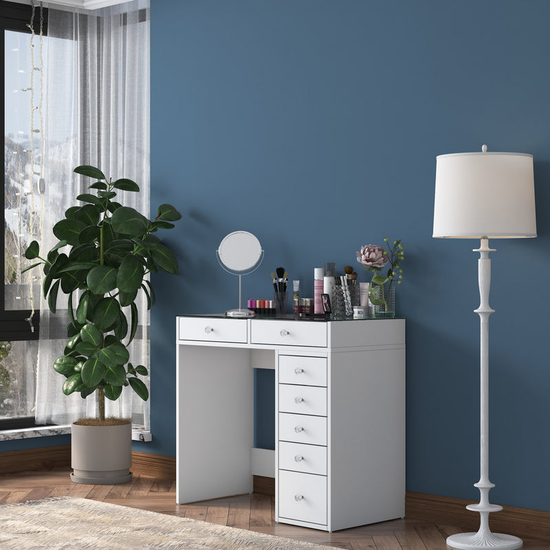 Consolle toilette trucco moderna colore bianco con cassetti top in vetro cm 90x44x80h