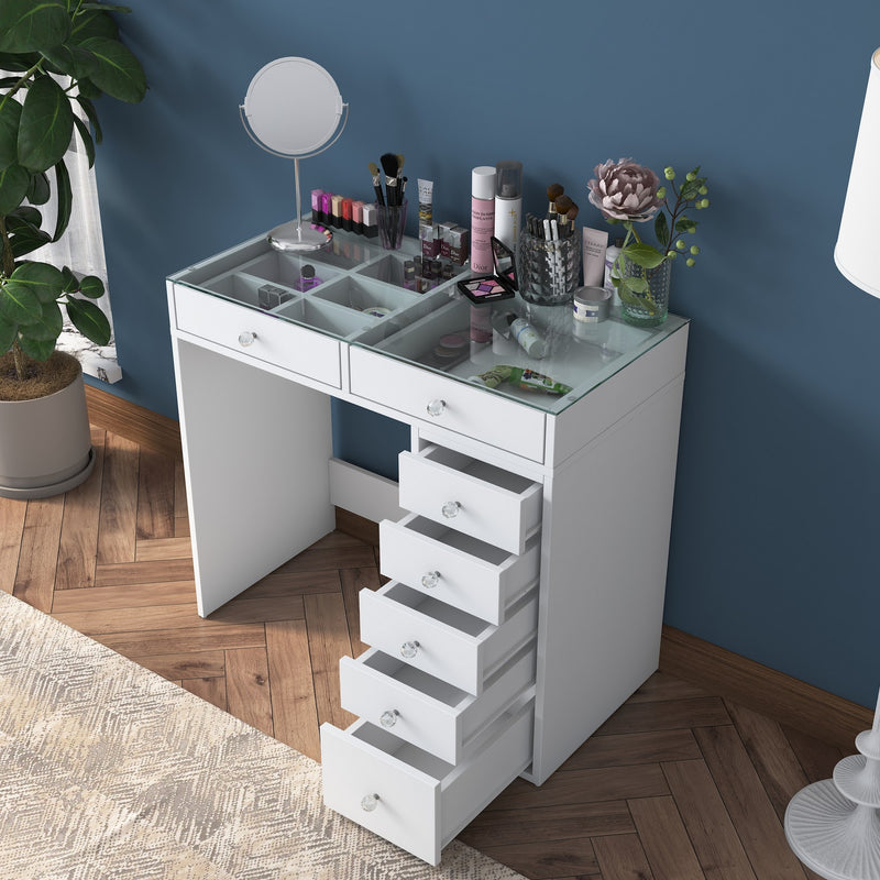 Consolle toilette trucco moderna colore bianco con cassetti top in vetro cm 90x44x80h