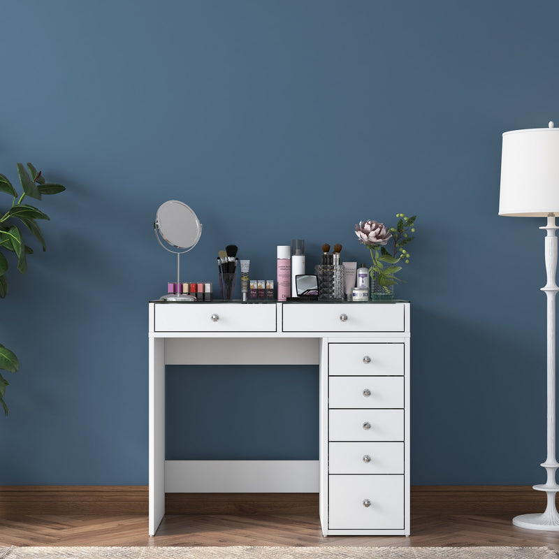 consolle toilette da trucco da cm 90 in legno bianco con top in vetro e cassetti