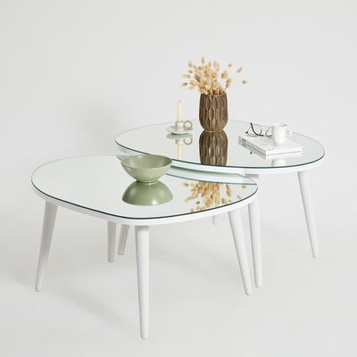 set 2 tavolini da salotto in legno colore bianco top in vetro