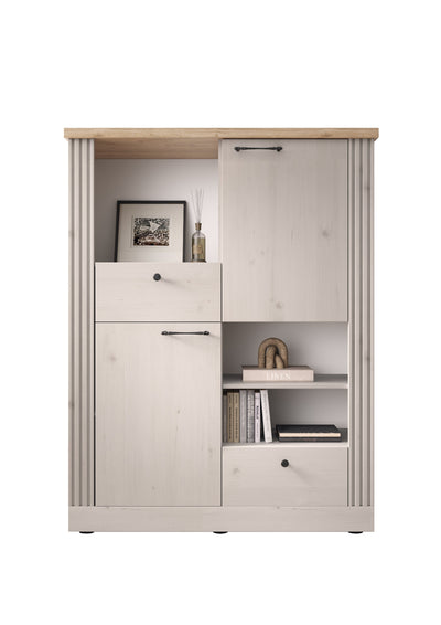 Sison - Credenza alta con ante cassetti e vani bianco effetto shabby cm 118x44x160h