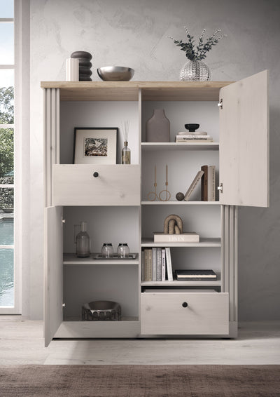 Sison - Credenza alta con ante cassetti e vani bianco effetto shabby cm 118x44x160h