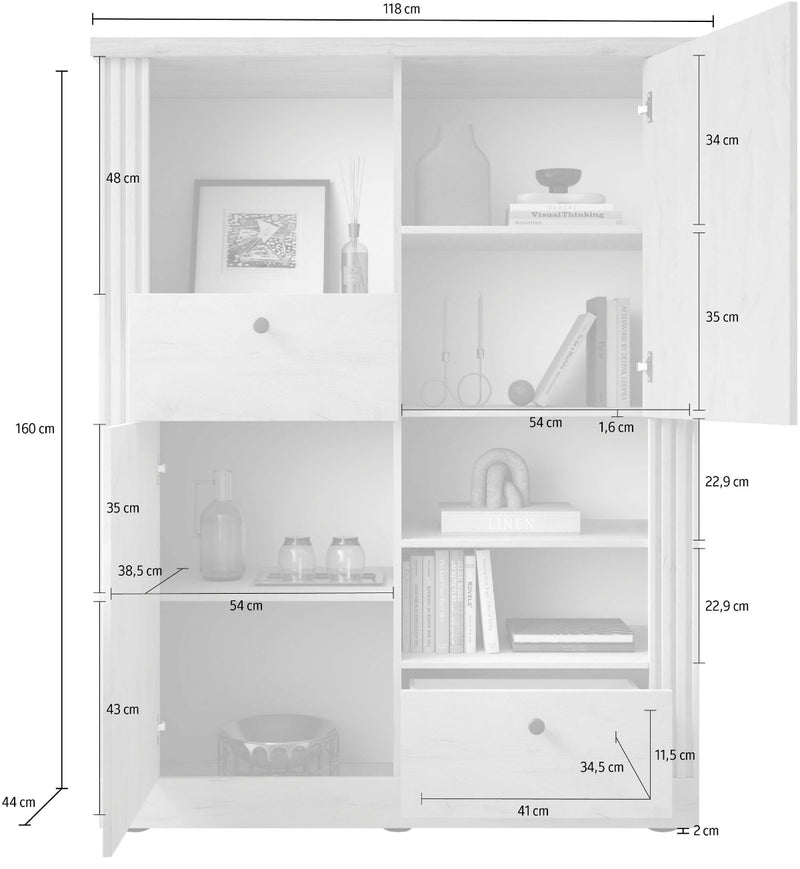 Sison - Credenza alta con ante cassetti e vani bianco effetto shabby cm 118x44x160h