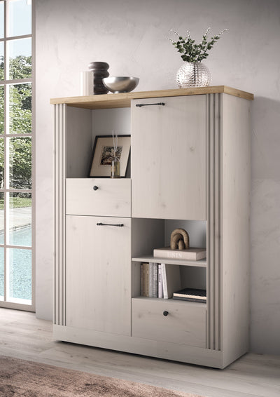 Sison - Credenza alta con ante cassetti e vani bianco effetto shabby cm 118x44x160h