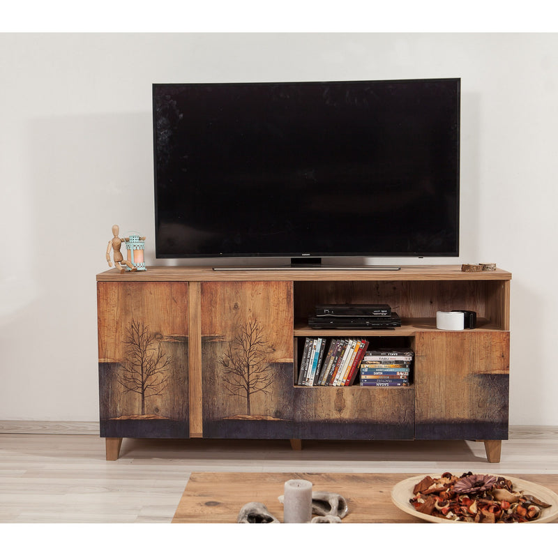 Mobile tv alto madia con ante e cassetto in legno naturale con decorazione cm 160x45x76h