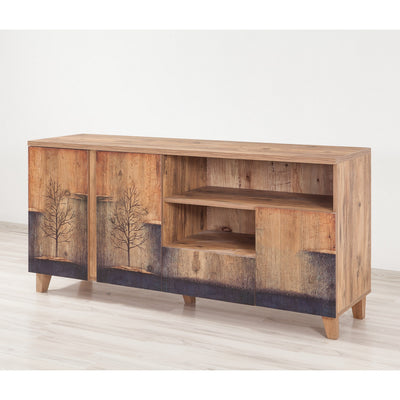 Mobile tv alto madia con ante e cassetto in legno naturale con decorazione cm 160x45x76h