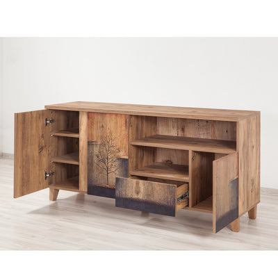 Mobile tv alto madia con ante e cassetto in legno naturale con decorazione cm 160x45x76h