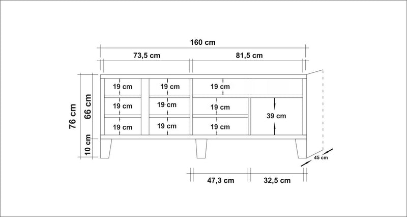 Mobile tv alto madia con ante e cassetto in legno naturale con decorazione cm 160x45x76h