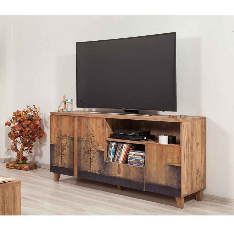 madia porta tv alto con 4 ante cassetto e vani in legno naturale con decorazione albero sul frintale